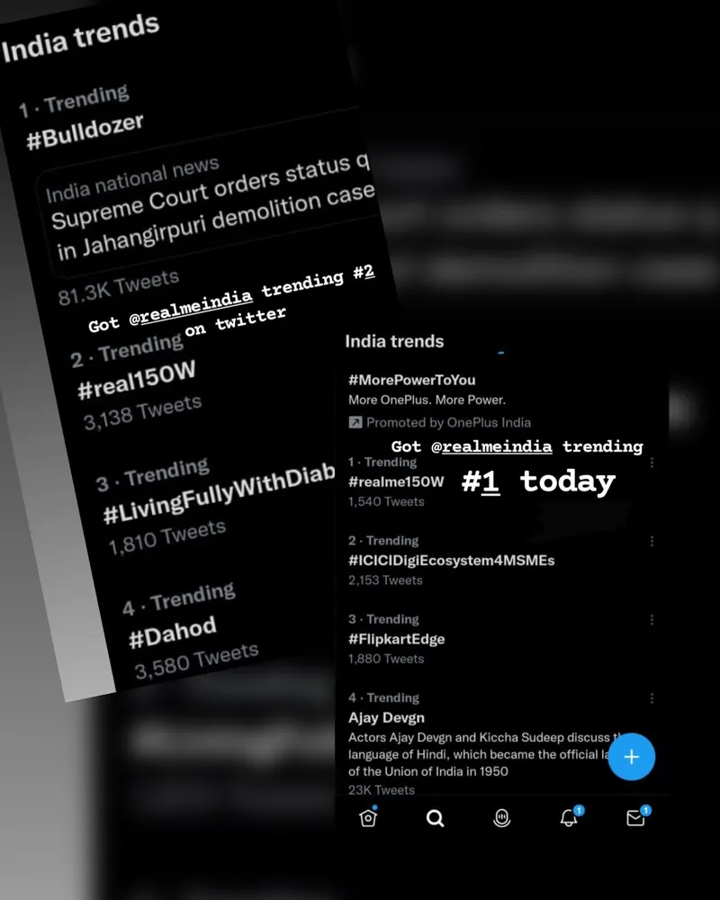Twitter trending list showing Realme India at number one